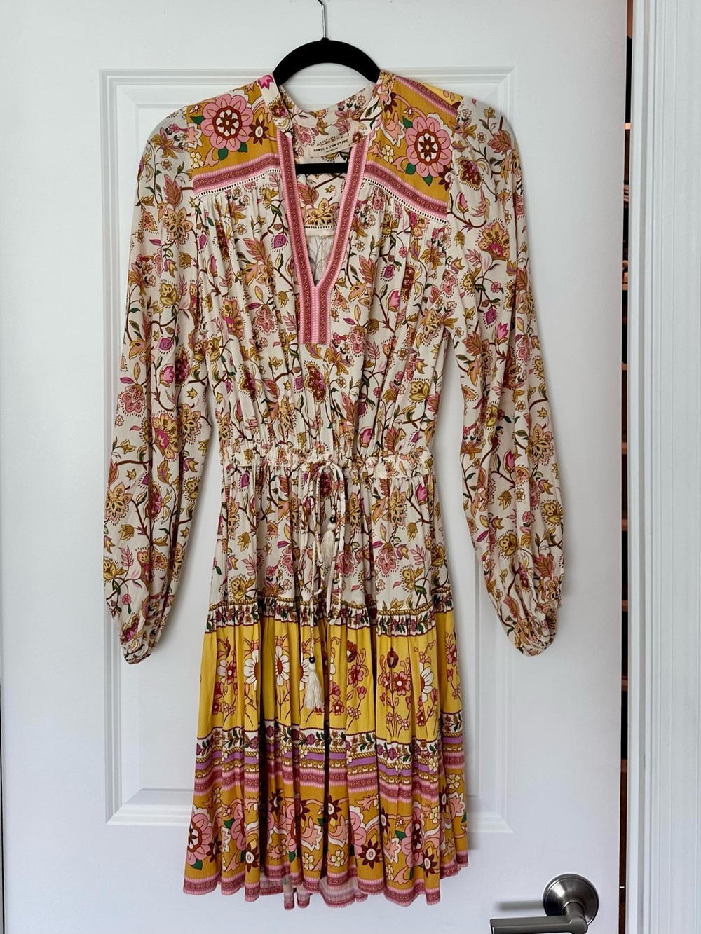 Spell Floral Tiered Long Sleeve Dress in Cream, Pink & Yellow